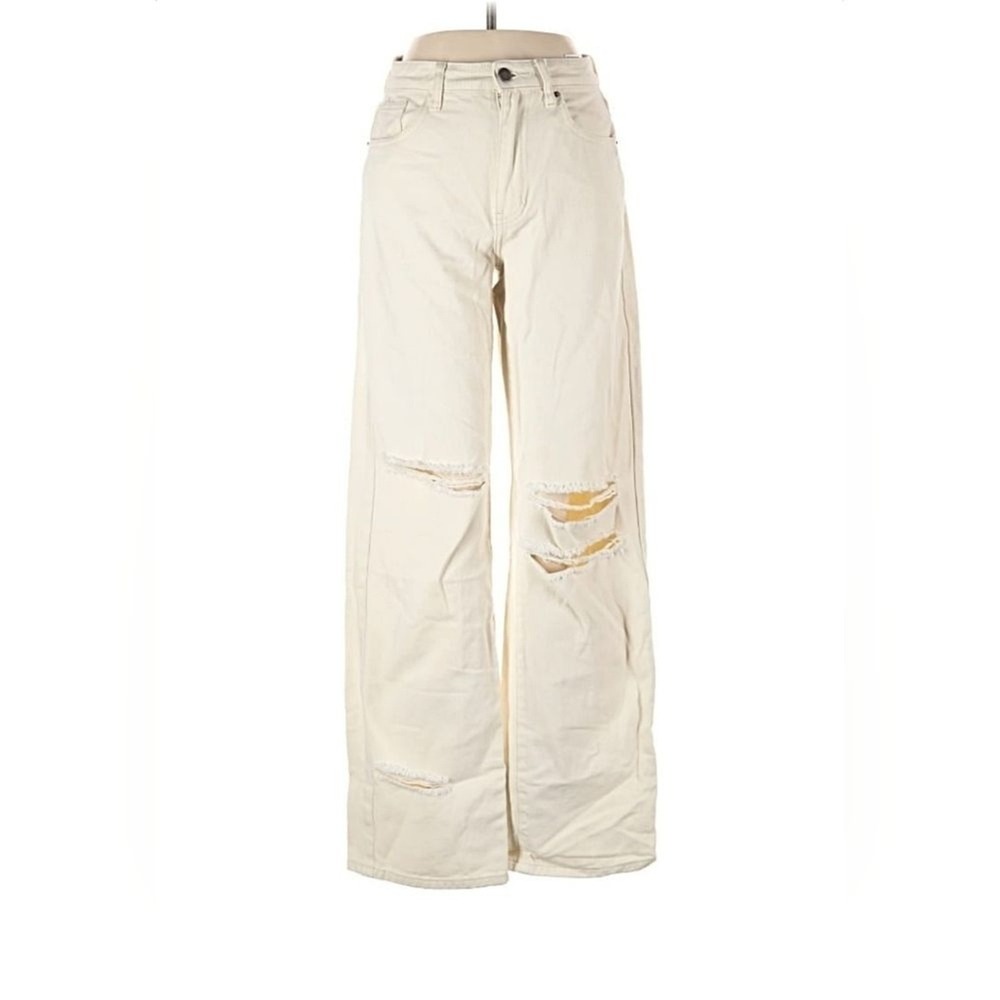 Dogma Wide Leg Jeans Women Size 26 Cream Distressed Streetwear Baggy Relaxed